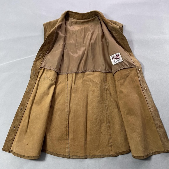 Front Line Vest Womens 14 Tan Suede Leather Button Front Collared Lined Pockets - Picture 5 of 16